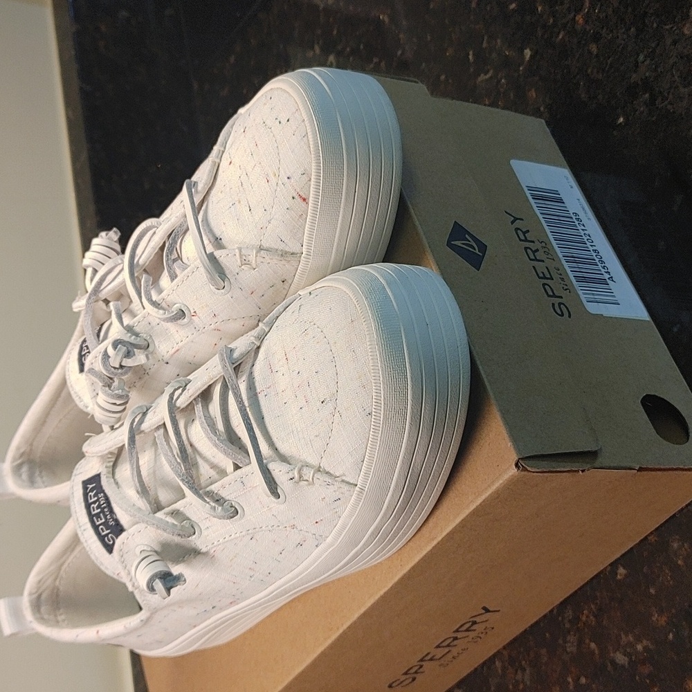 Sperry Crest Vibe womens platform tennis shoes.  White w/ multi colored flecks - Picture 2 of 11